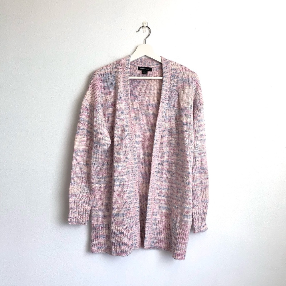 Something Navy Pastel Pink Blue Confetti Open Front Cardigan Sweater Size Small